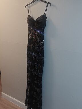 City Studios Black Multi Color Sequin & Satin Spaghetti-Strap Maxi Dress